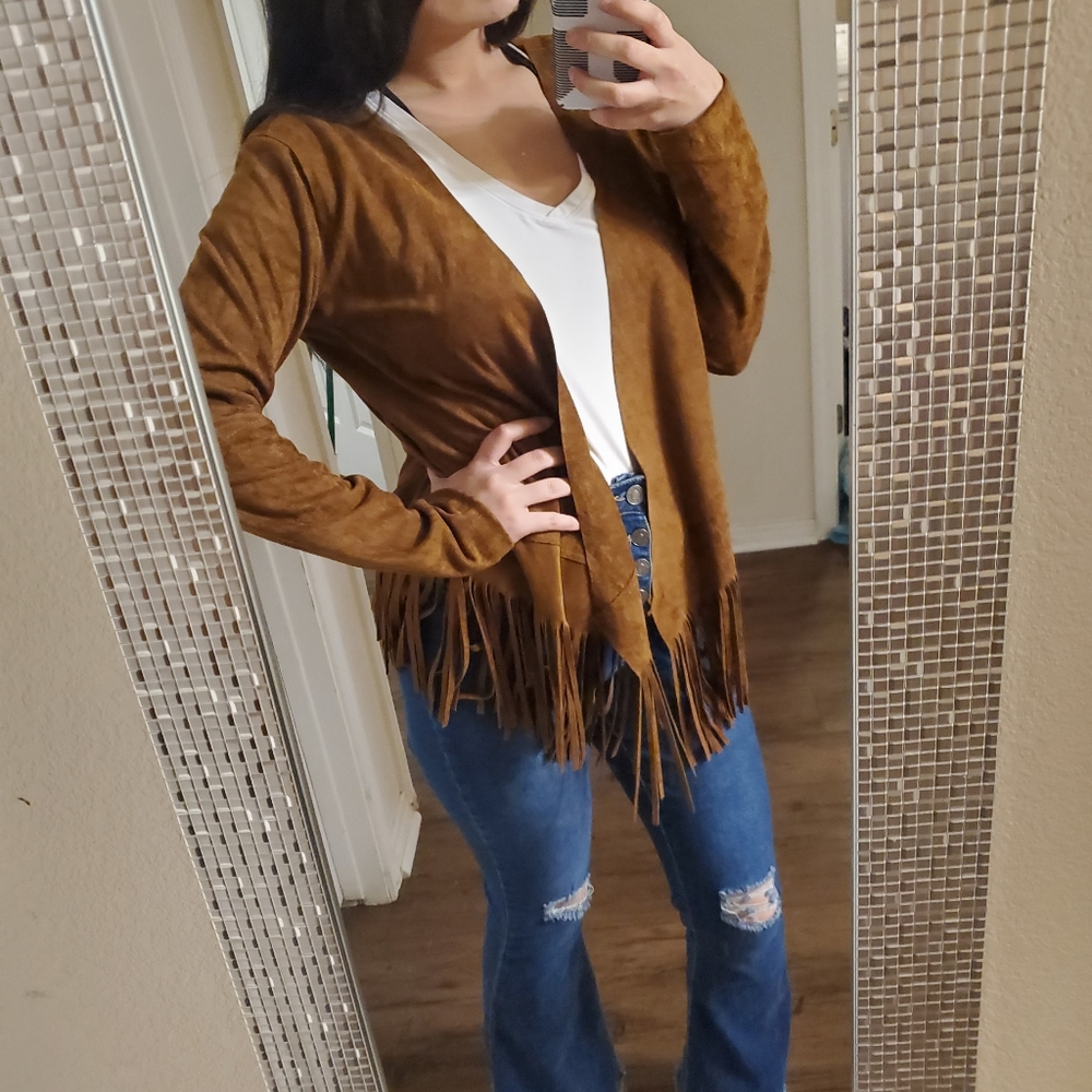 Fornia  Faux Suede Fringe Cardigan
